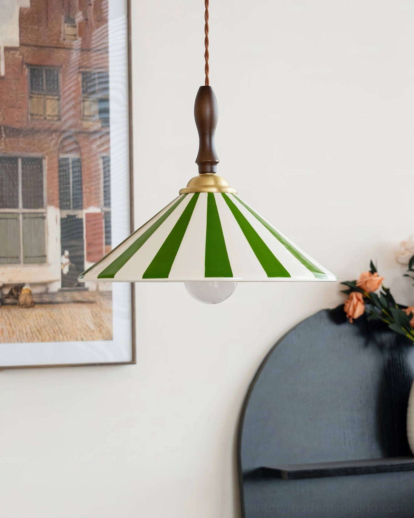Bobine vintage ceramic pendant light styled in home entryway with floral arrangement and decorative shelf, farmhouse aesthetic