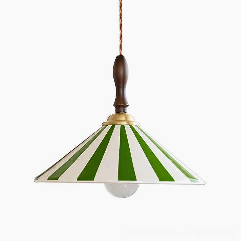Bobine green and white striped ceramic pendant light with walnut wood canopy and brass hardware, mid-century design