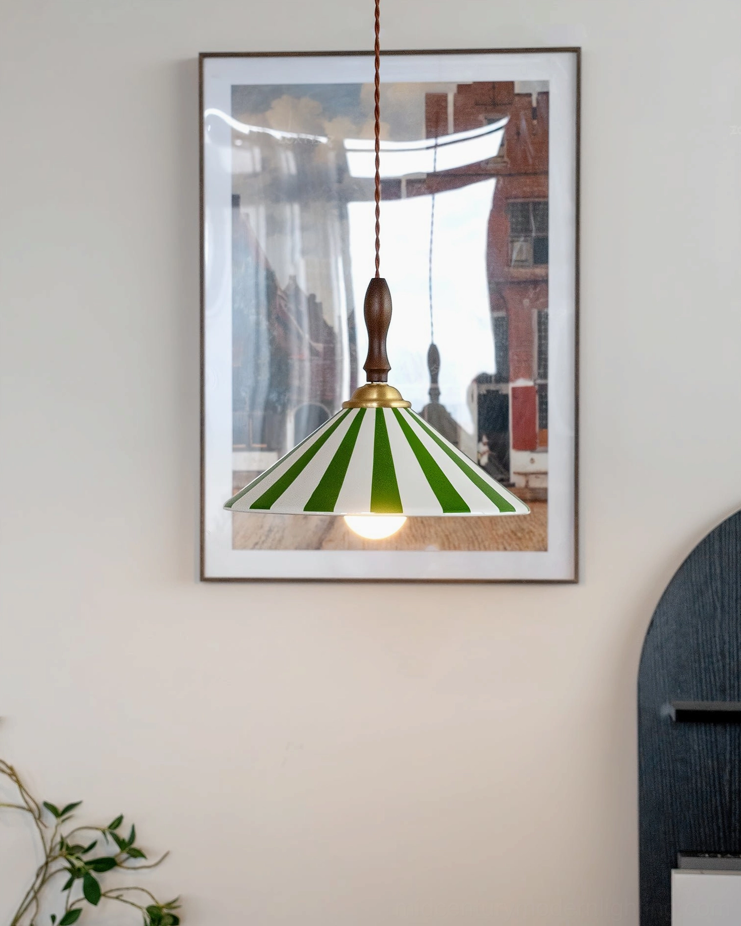 Bobine striped pendant light in minimalist home interior with wall art and decorative setup