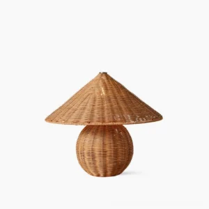 Bobine woven rattan table lamp with conical shade and spherical base, natural rattan and gold finish, studio front view