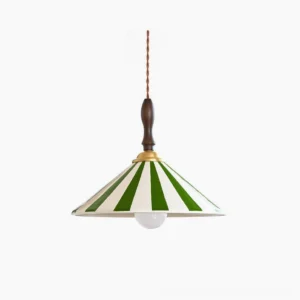 Bobine striped ceramic pendant light with green and white stripes, walnut wood canopy and brass collar, studio product photography