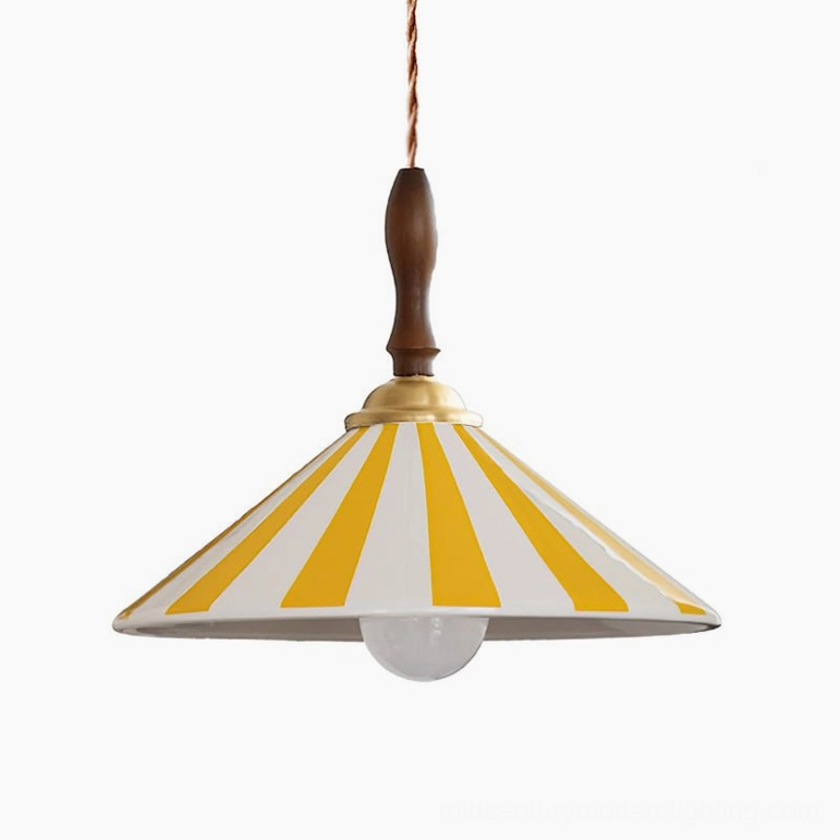 Yellow and white striped Bobine pendant light ceramic shade featuring walnut wood canopy and brass hardware