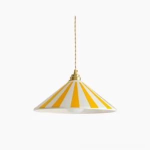 Bobine striped cone pendant light with yellow and white stripes, polished brass fixture, twisted cord, studio view