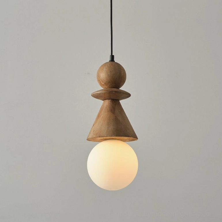 Bodie mid-century modern totem pendant light fixture showcasing minimalist sculptural form and hand-carved wood geometry