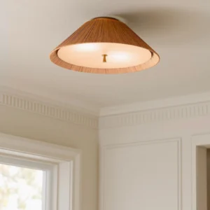 Bodie rattan ceiling mount installed in minimalist white bedroom interior with warm ambient lighting