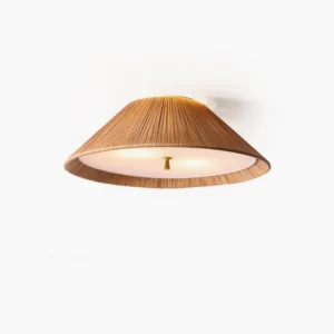 Bodie rattan ceiling flush mount light fixture front overhead view with warm woven texture