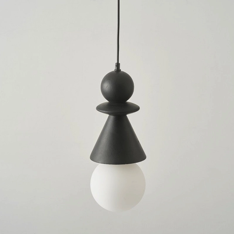 Black and white Bodie stacked totem pendant light variation showing matte black wood with white glass globe and geometric stacking