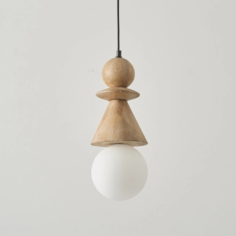 Wood color and white Bodie totem pendant light variation featuring natural wood finish with white accents and frosted glass diffuser