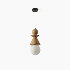Bodie stacked wood totem pendant light with natural wood finish and frosted white glass globe, frontal studio view on white background