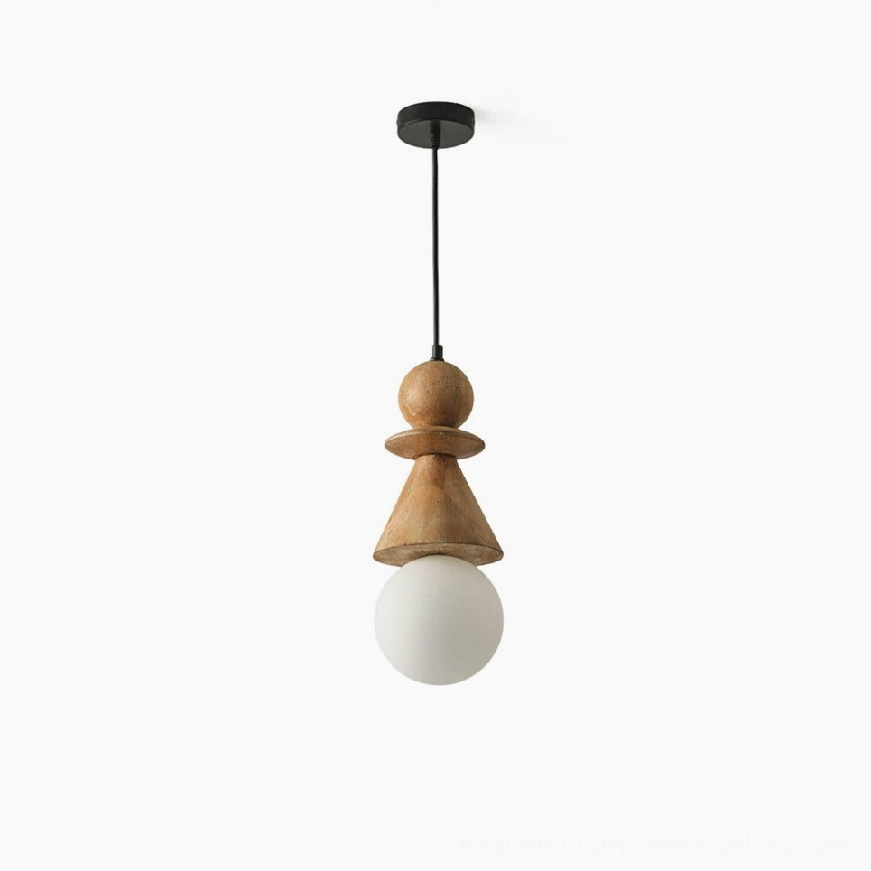Bodie stacked wood totem pendant light with natural wood finish and frosted white glass globe, frontal studio view on white background