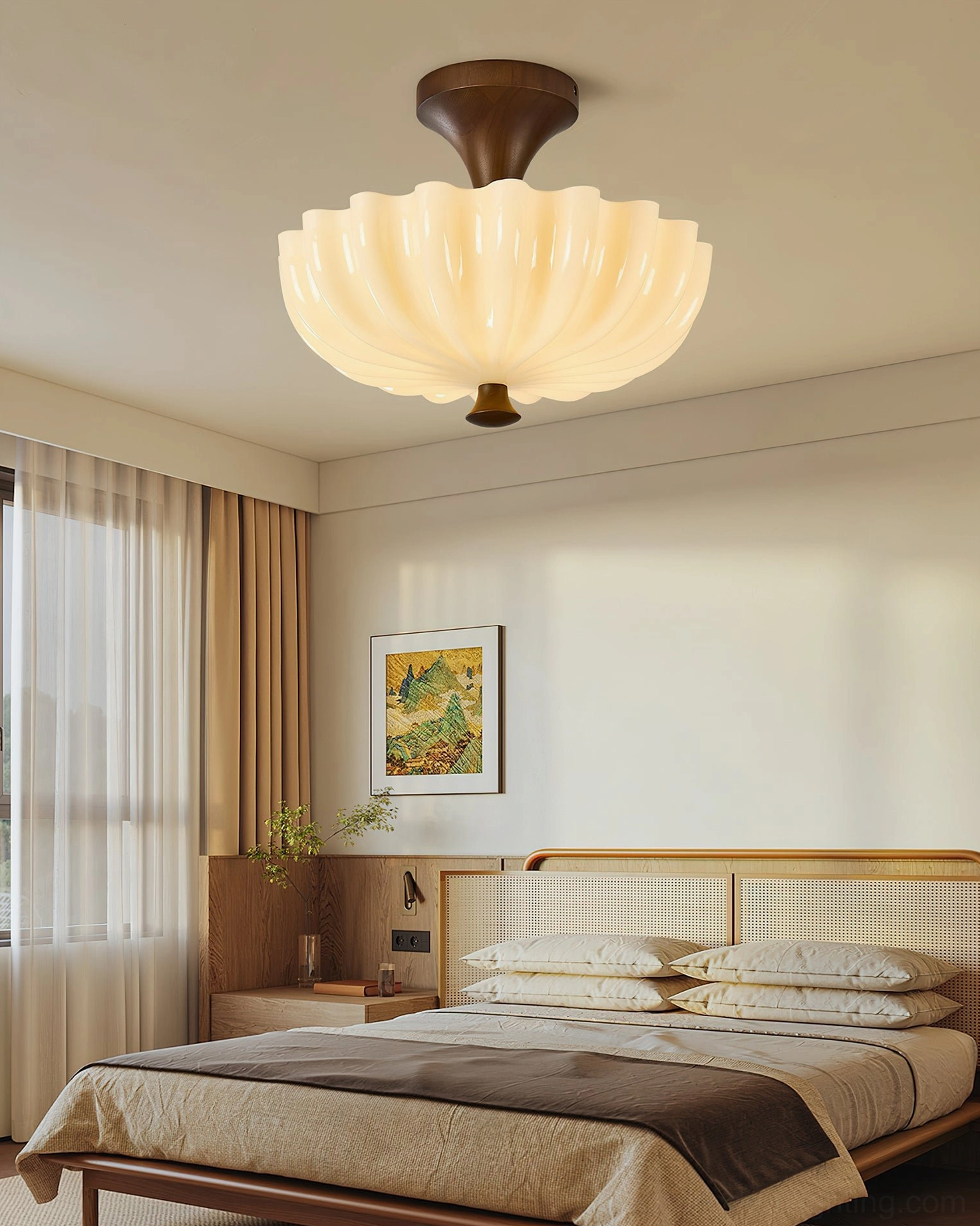 Bofea vintage ceiling lamp installed in rustic bedroom with warm curtains and period-appropriate decor
