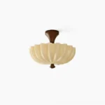 Bofea scalloped semi-flush ceiling lamp with fluted glass shade and cream wood base on white background