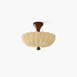 Bofea scalloped semi-flush ceiling lamp with fluted glass shade and cream wood base on white background