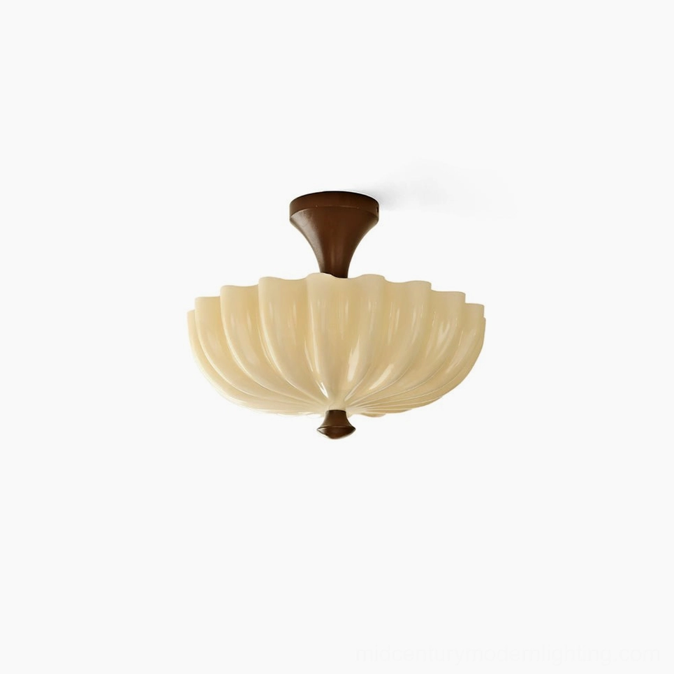 Bofea scalloped semi-flush ceiling lamp with fluted glass shade and cream wood base on white background
