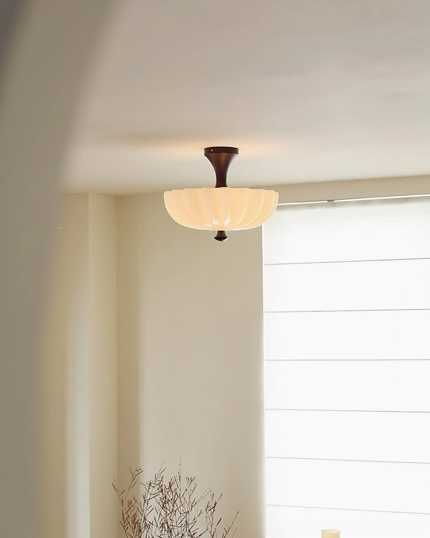 Bofea ceiling lamp installed in minimalist dining nook with arched window and Japandi rustic home decor