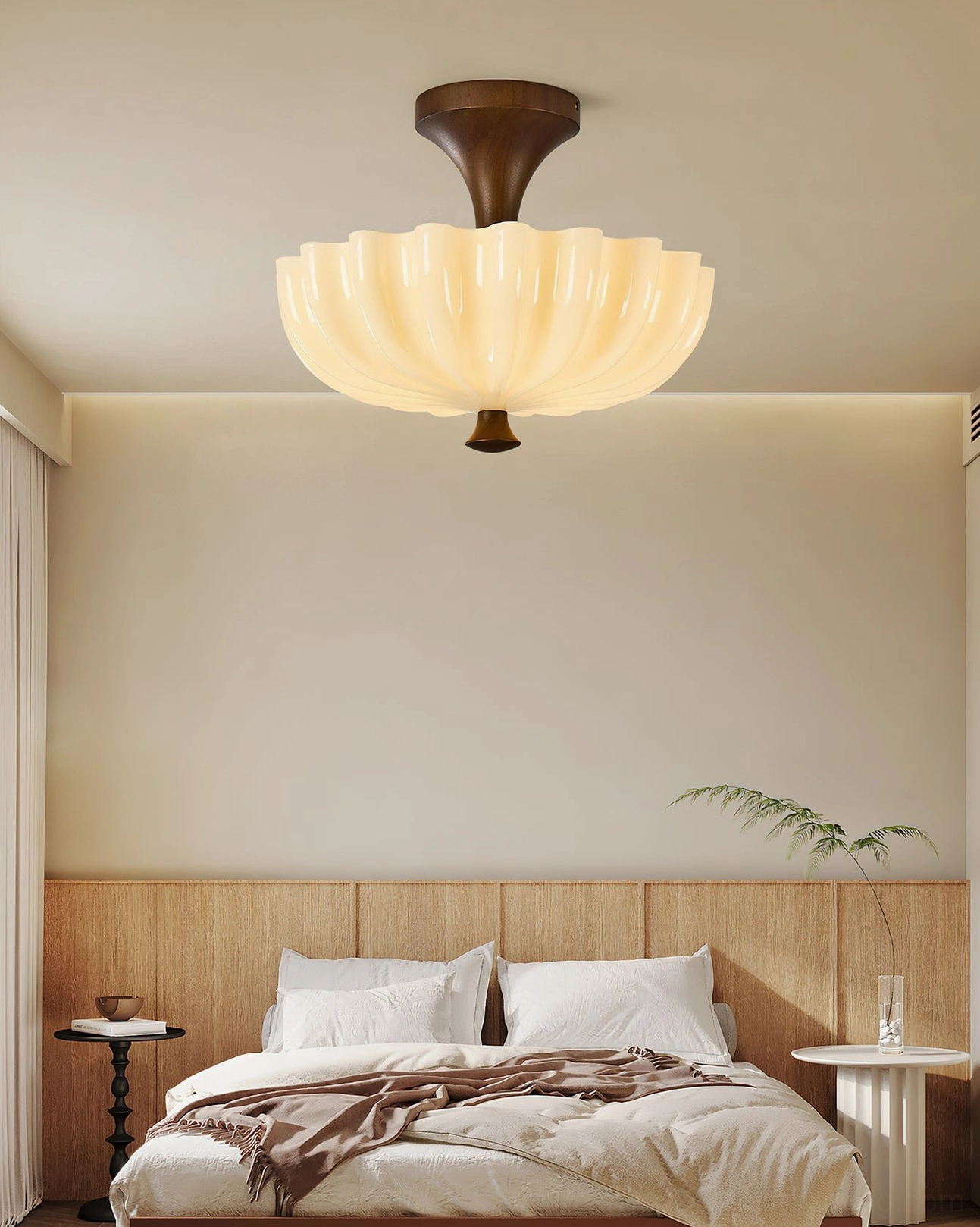 Bofea semi-flush ceiling lamp in king-size bedroom with warm earth tones and cohesive retro aesthetic