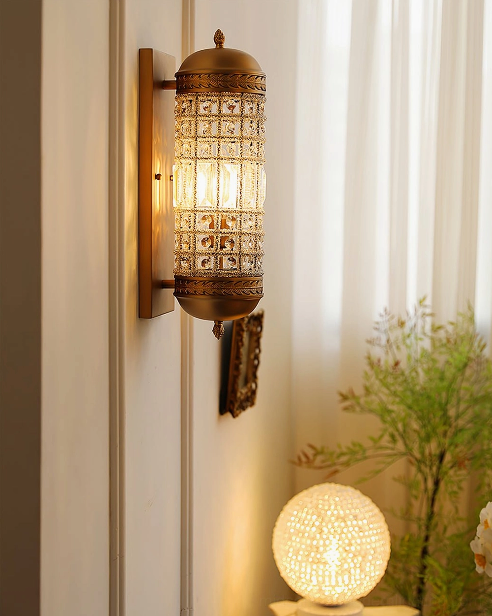 Vintage wall lamp in luxury bohemian home corner with brass finish and decorative elements