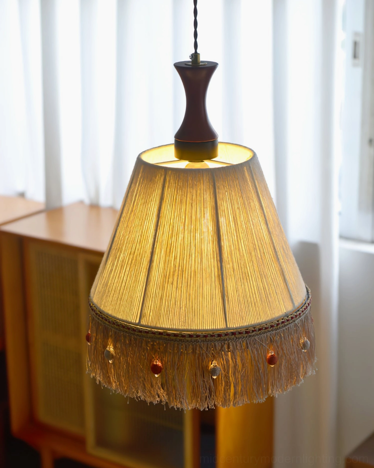 Bohemian fringe tassel pendant lamp beige cotton shade multiple angle showcase