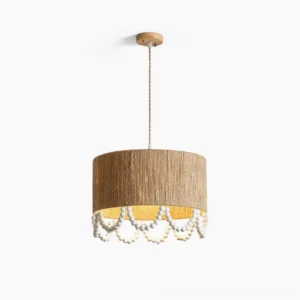 Boho jute pendant lamp with wooden bead fringe in studio view, cylindrical hemp shade design