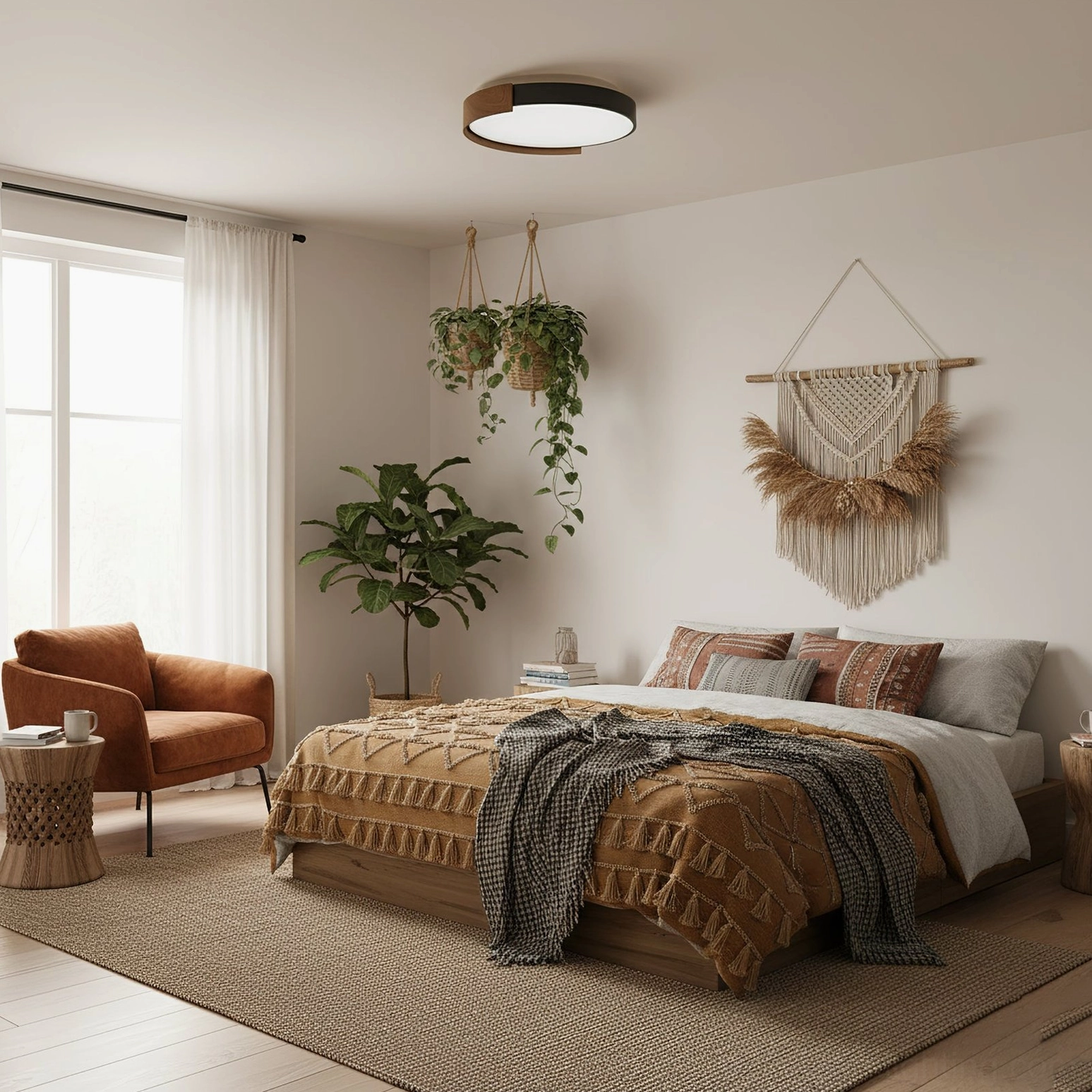 Boho modern ceiling lamp with warm neutral tones in bohemian master bedroom