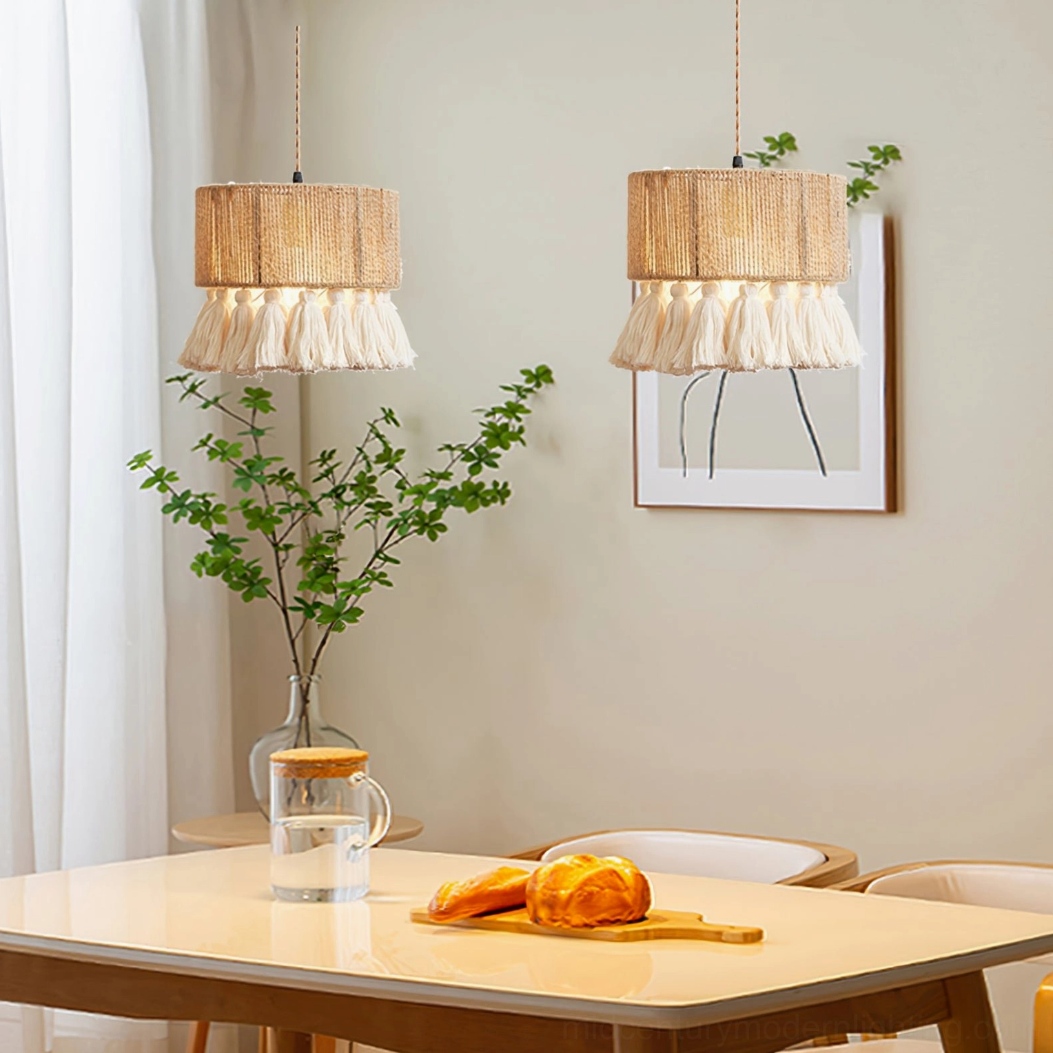 Boho Rara handwoven tassel pendant lamp, full product showcase featuring beige hemp shade and cotton tassel embellishment