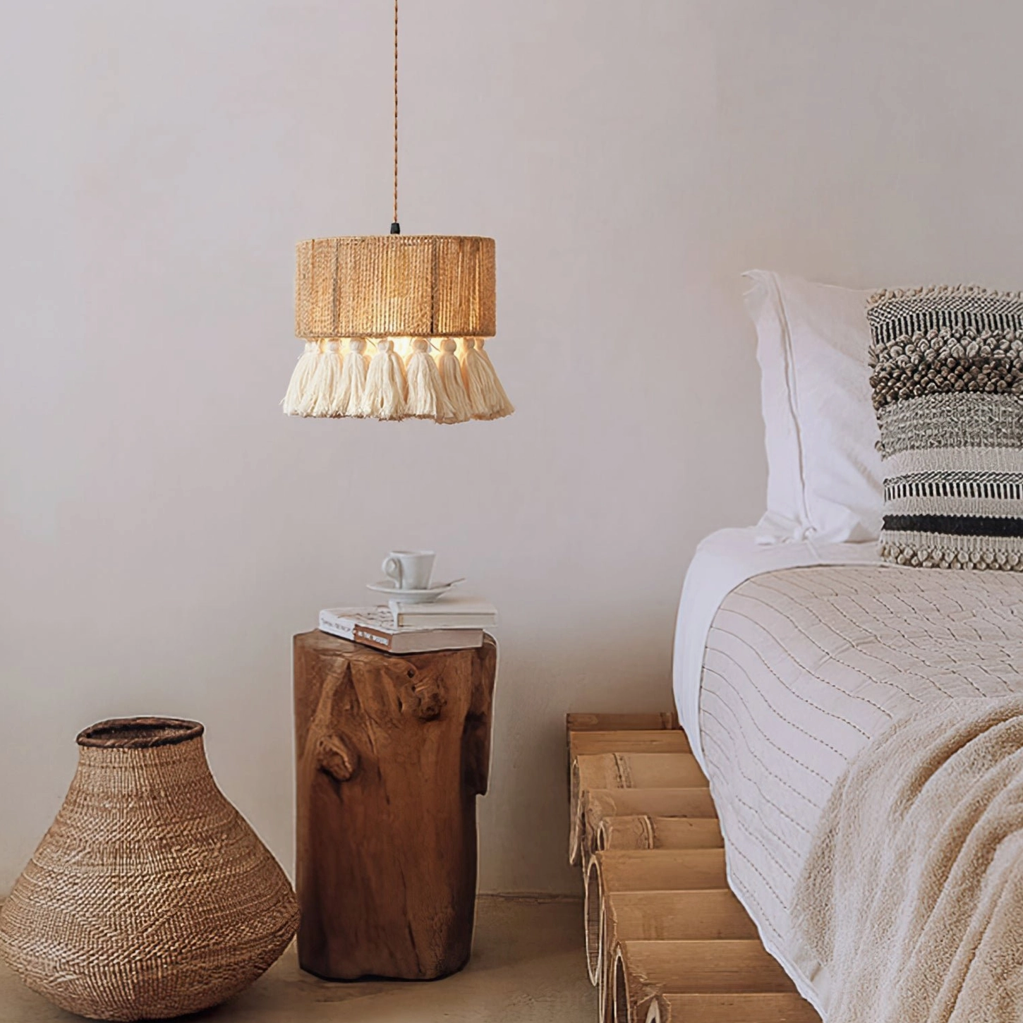Bohemian tassel pendant light hanging in minimalist bedroom, warm ambient lighting through woven hemp shade