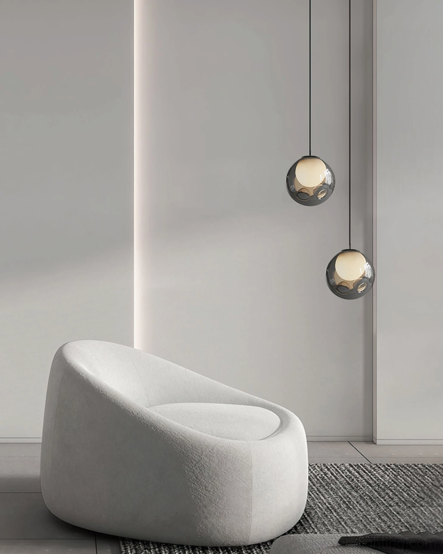 Dual Bokt smoked glass pendant lamps living room lounge chair minimalist design