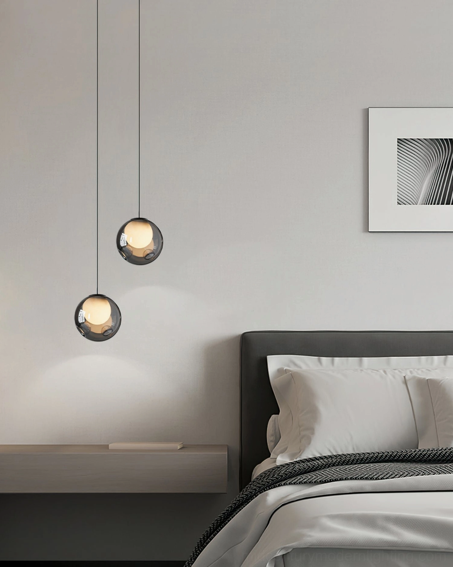 Pair of Bokt globe pendants master bedroom matching smoked glass shades