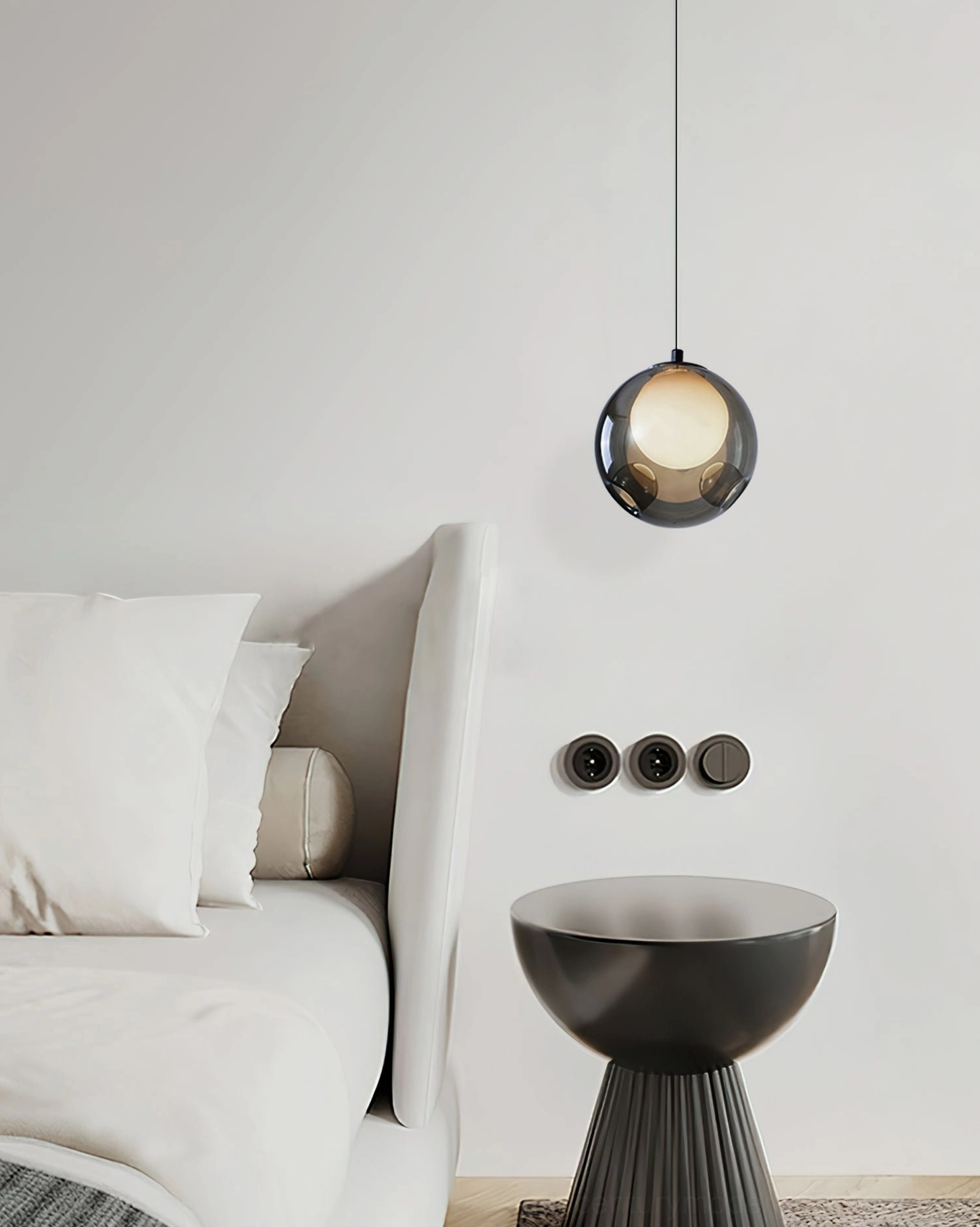 Bokt smoked glass pendant corner bedroom frosted inner light construction detail