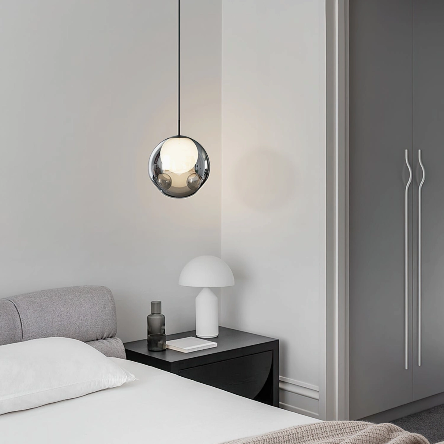 Bokt pendant light bedroom installation warm ambient lighting over nightstand