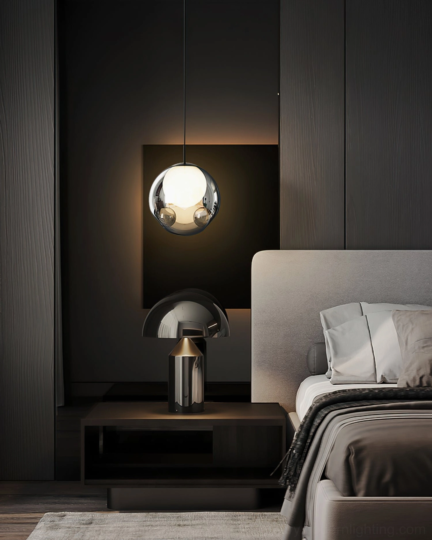 Bokt smoked glass globe pendant closeup light diffusion effect mid-century modern