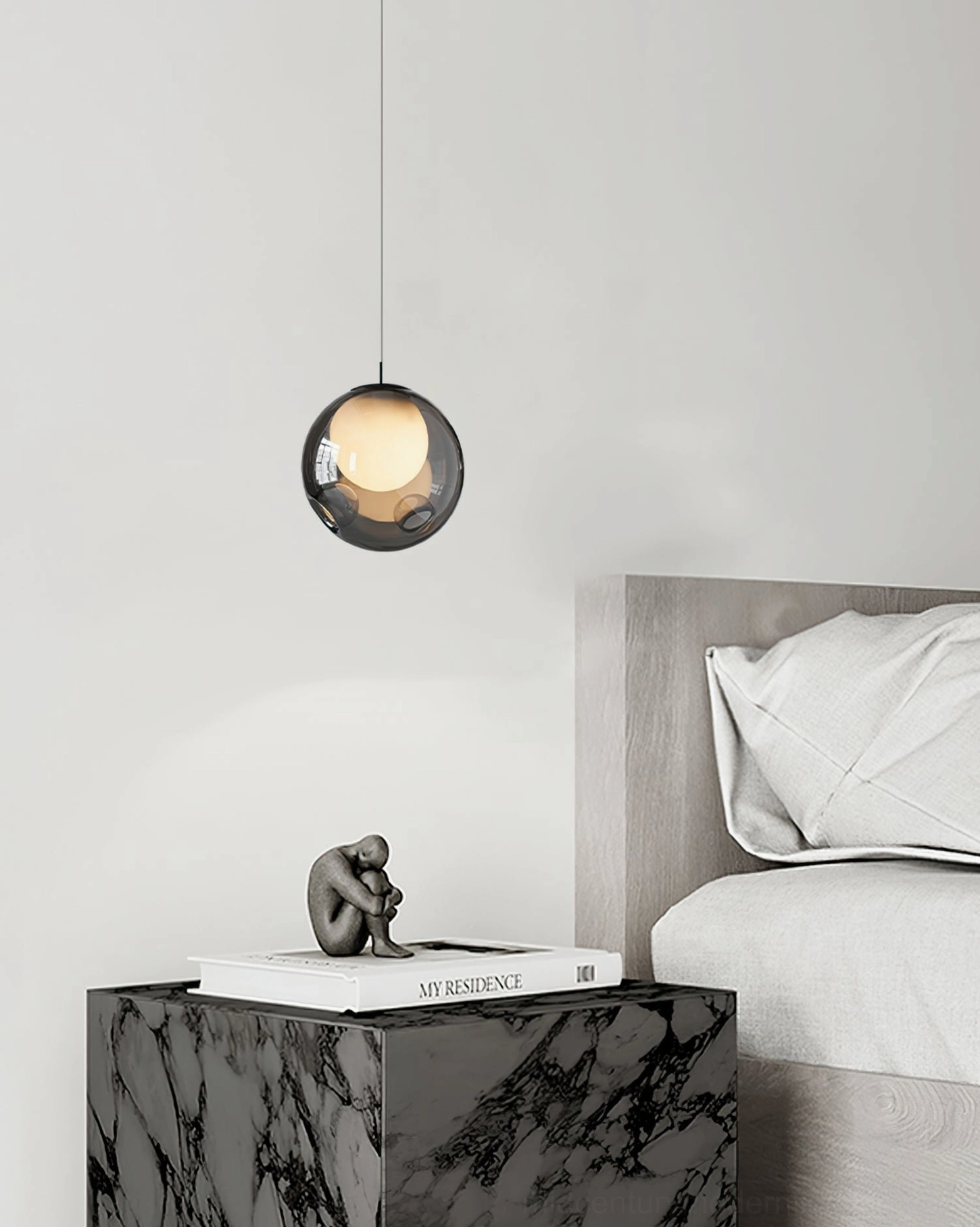 Bokt glass globe pendant low angle bedroom view marble side table styling