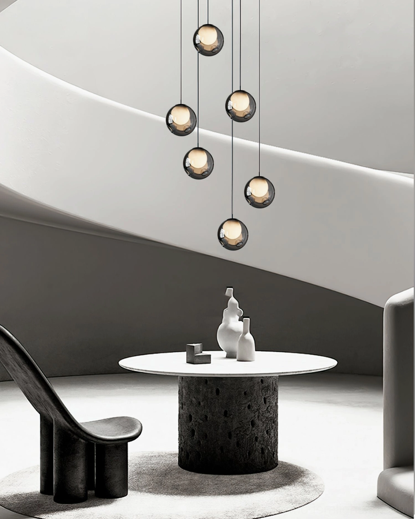Staggered multi-drop Bokt pendant cluster luxury modern living space warm lighting