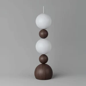 Bola mid-century modern floor lamp with white and walnut brown geometric sphere design on gray background