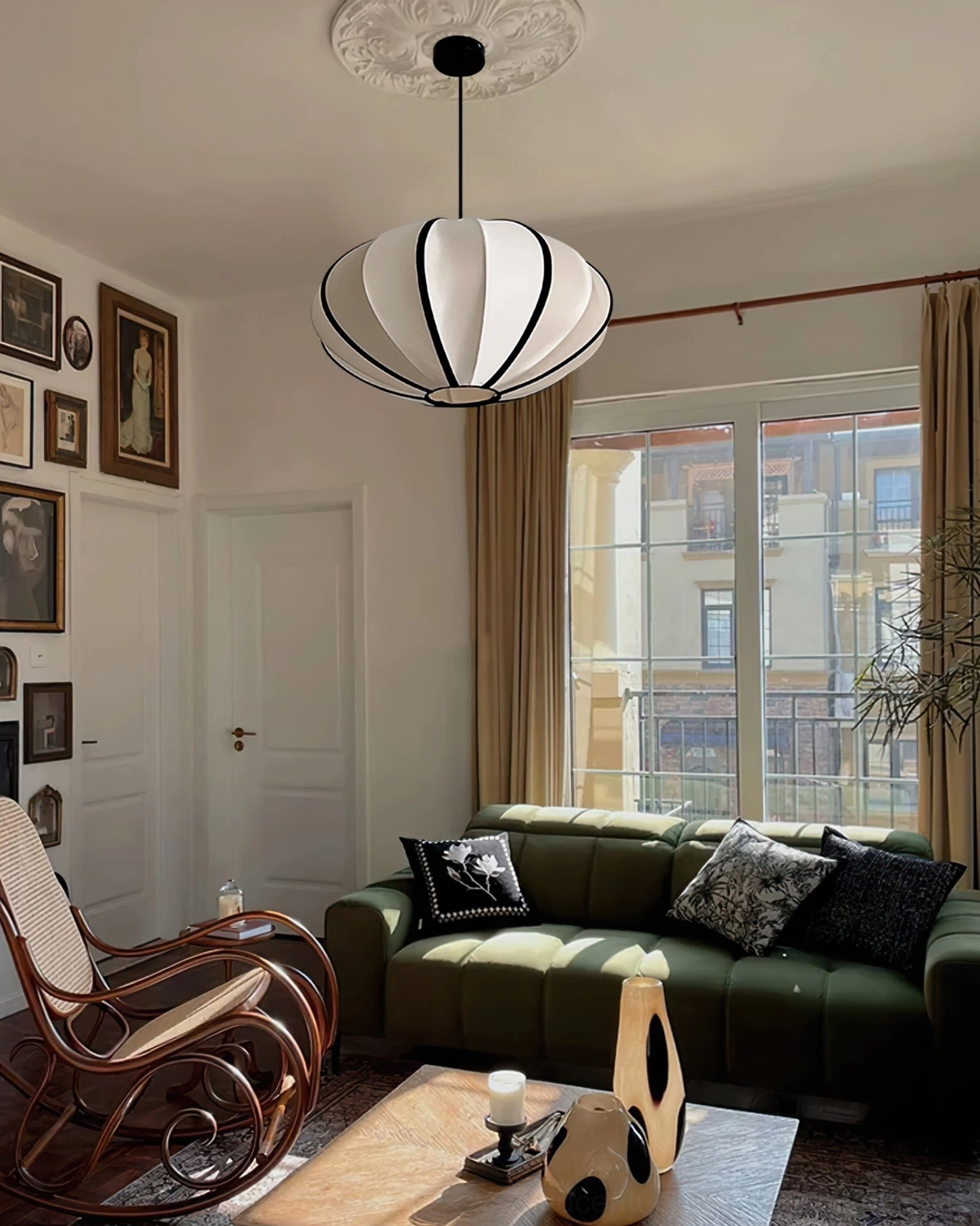 Two-tone Bombori pendant light with black and white contrast, living room setting