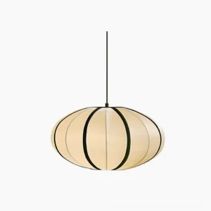 Bombori fabric pendant light with black trim and off-white shade, front studio view