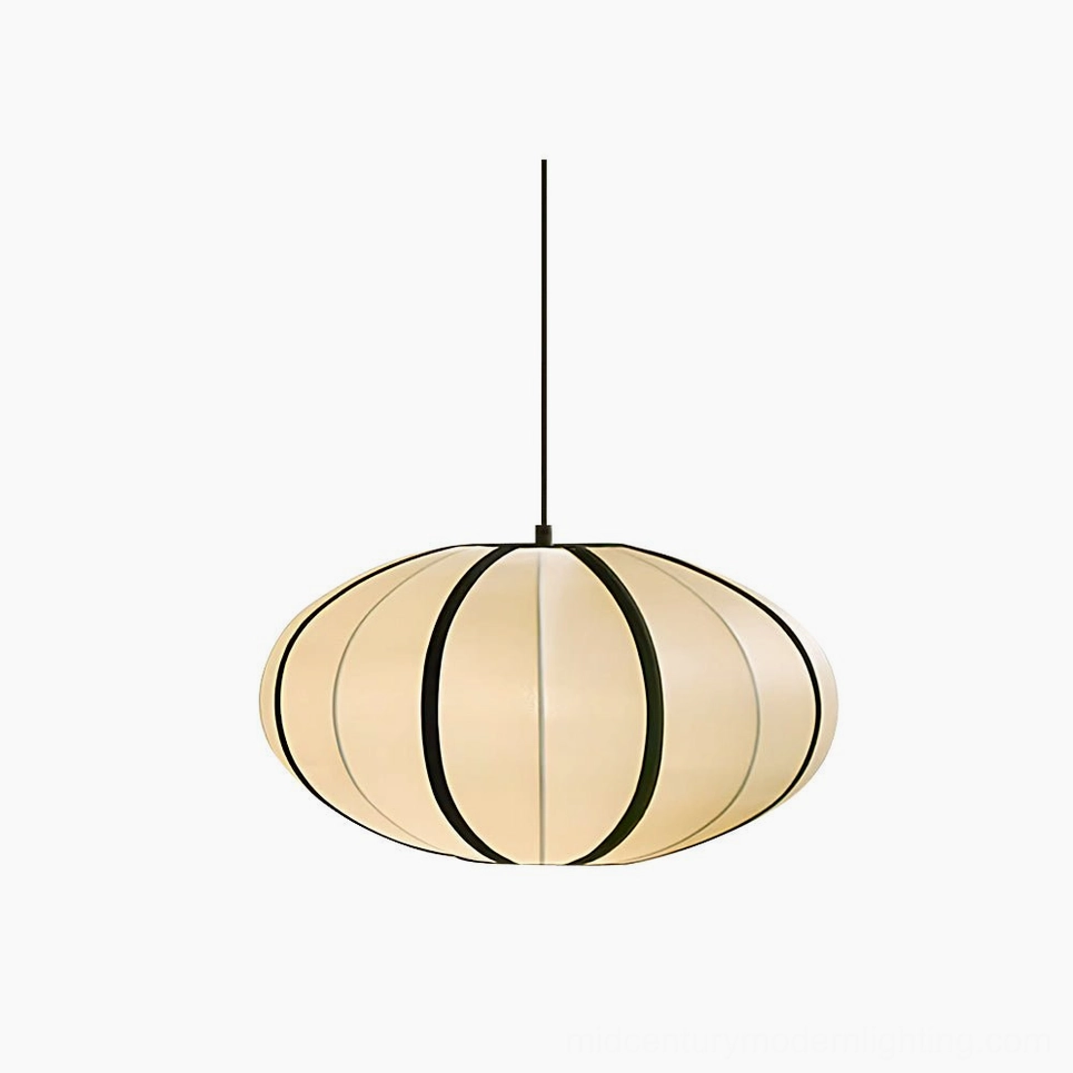 Bombori fabric pendant light with black trim and off-white shade, front studio view