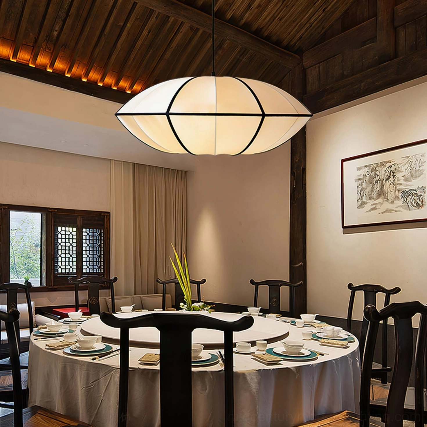 Bombori fabric pendant with oval lantern shape, architectural lighting design