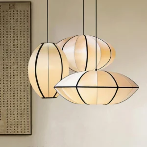 Set of three Bombori pendant lights in minimalist modern interior with Asian wall art
