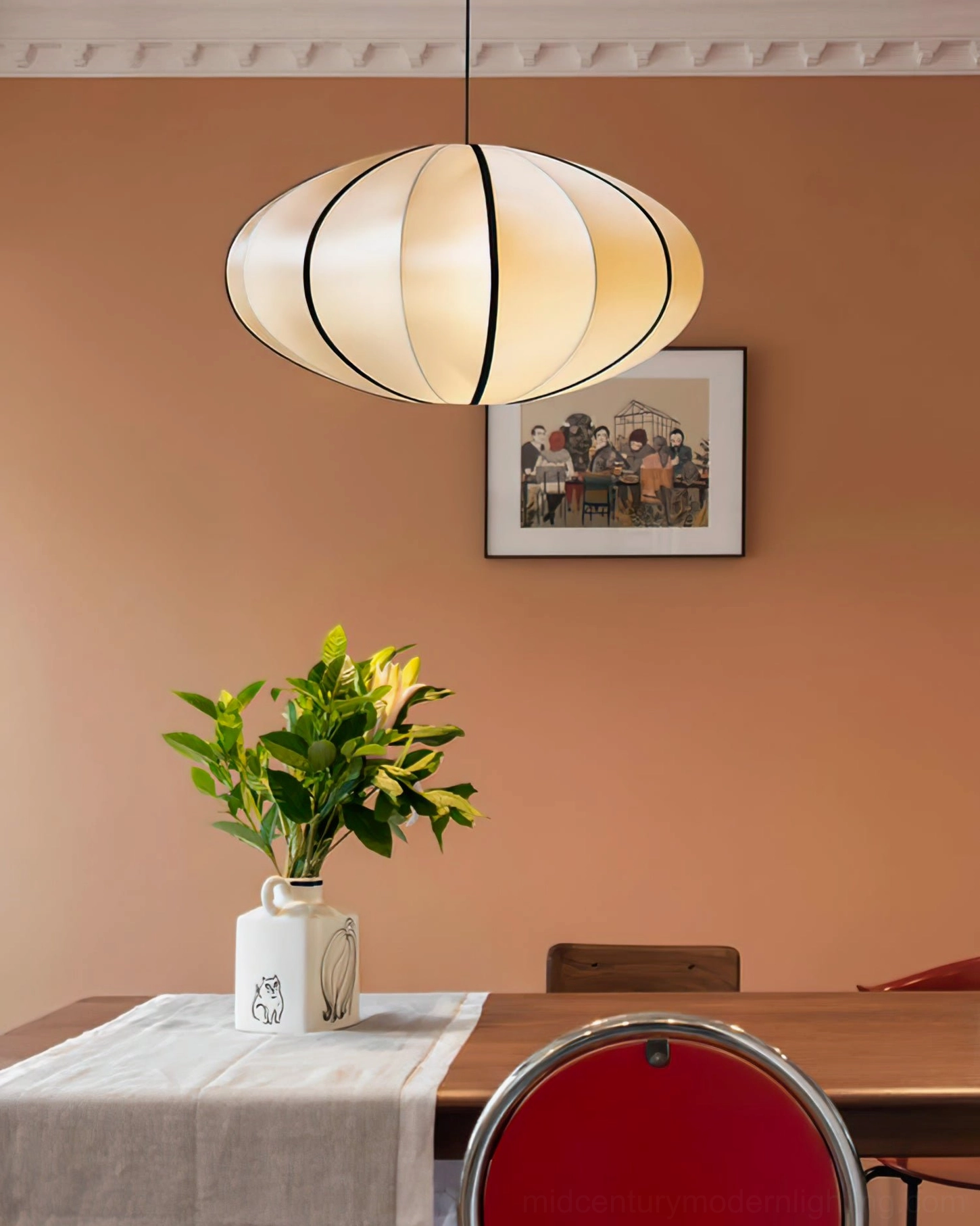 Bombori mid-century modern fabric pendant light, close-up detail view