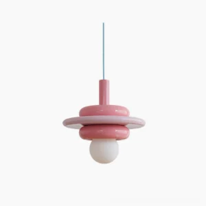 Bomiello space age pendant light front view with glossy pink layered disc design on white background