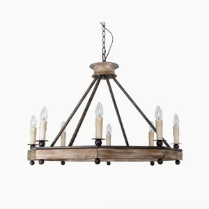 Bonfire Chandelier front view with eight candle bulbs and black metal arms against warm light wood frame