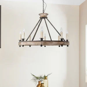 Bonfire Chandelier side view in modern rustic living room with warm ambient lighting from candle bulbs