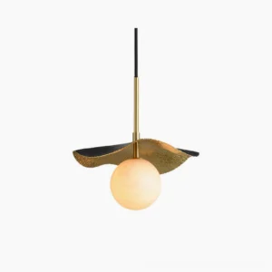 Bonnie alabaster pendant light with hand-textured brass canopy and glowing natural stone sphere, front view against white studio background