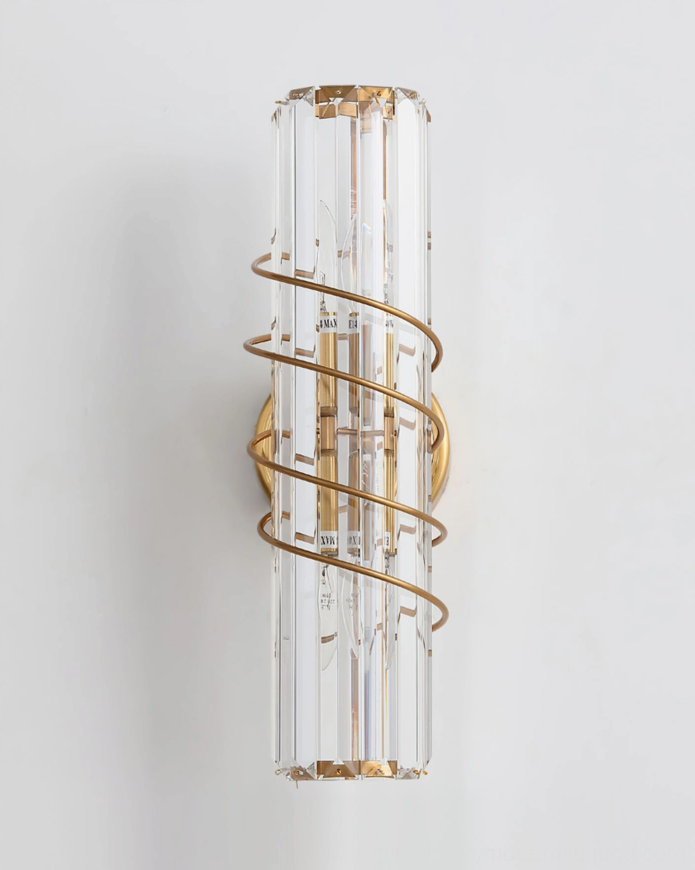 Bonnington unlit crystal wall sconce front view showing brass spiral trim and clear shade