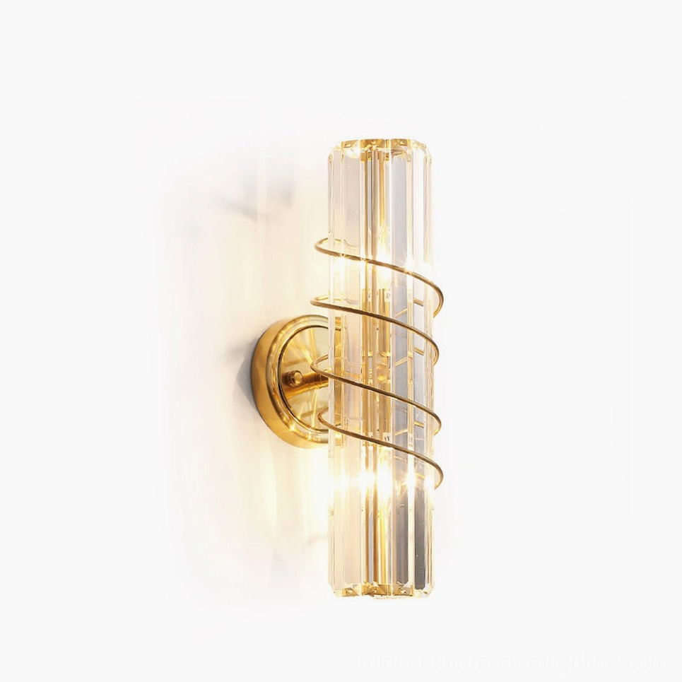 Bonnington brass gold crystal wall sconce front view with spiral metal trim and clear cylindrical shade
