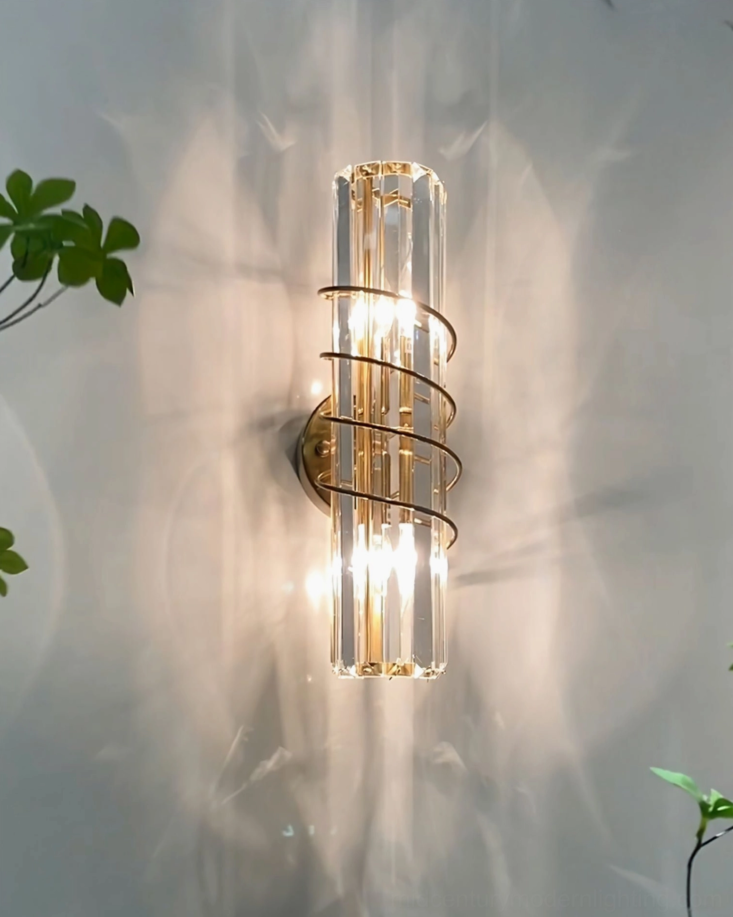 Bonnington mid-century modern brass wall sconce with crystal shade detail shot