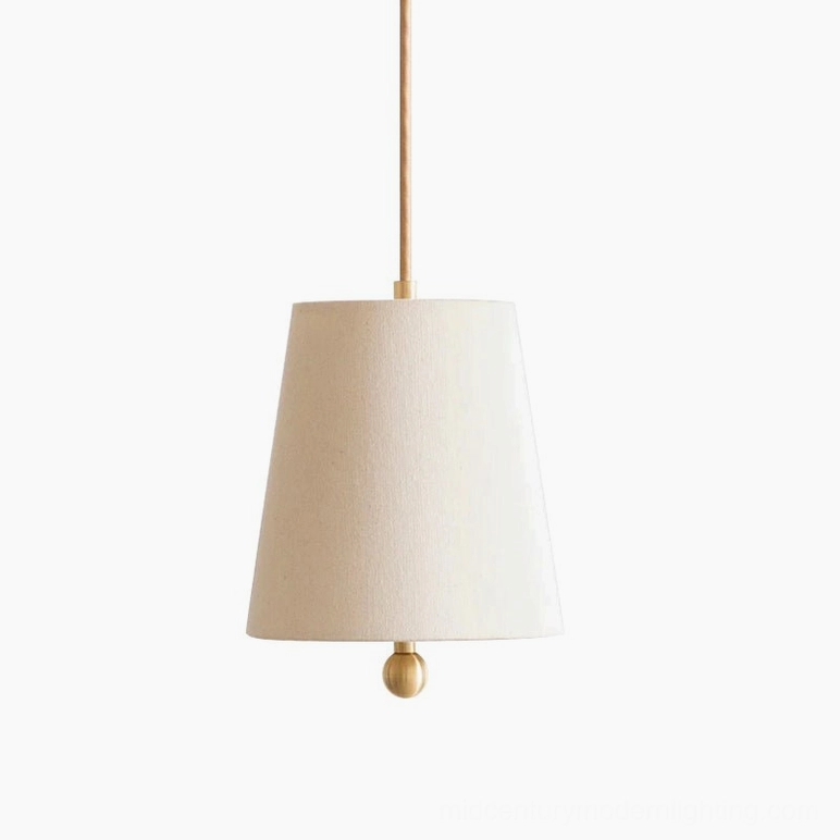 Bonny mid-century pendant lamp brass and ivory linen shade against white background, studio product shot