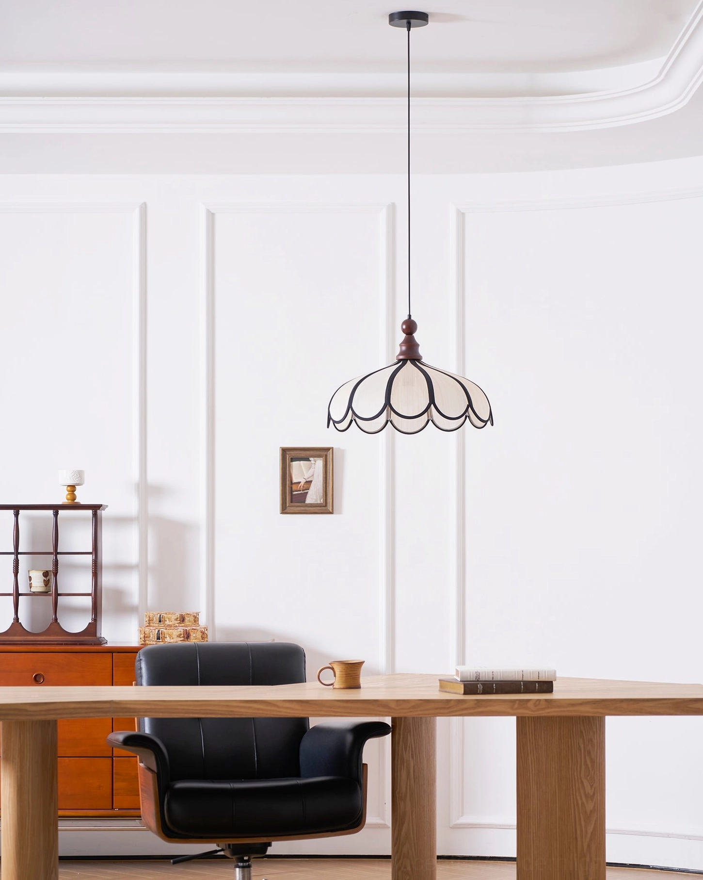 Botan handwoven abaca pendant light above workspace, artisanal home office lighting solution