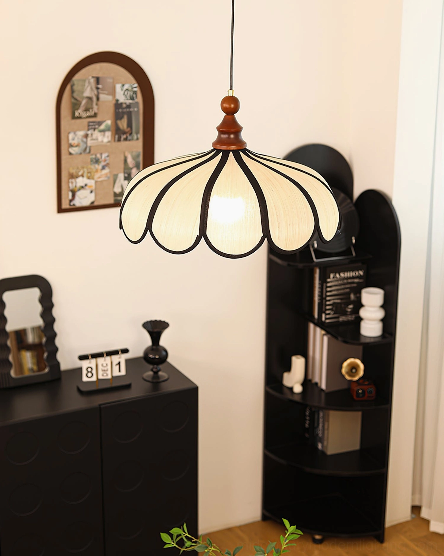 Botan pendant light with black trim detail and walnut wood fixture, mid-century modern pendant